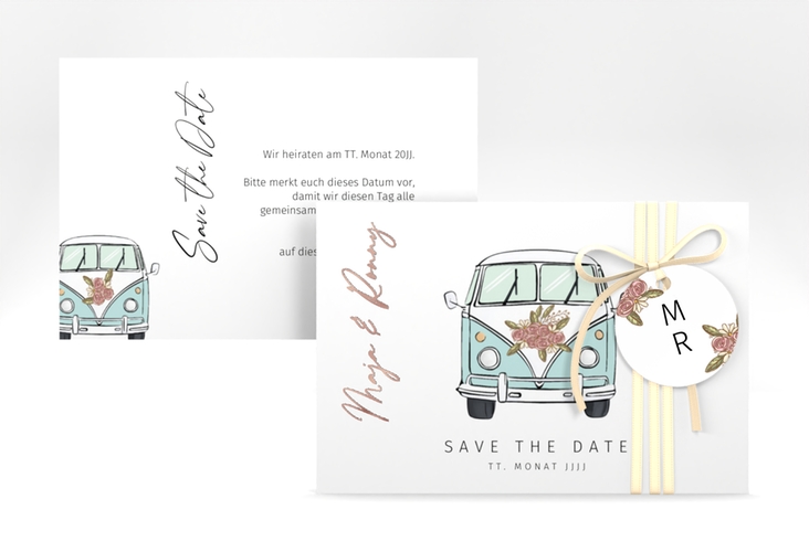 Save the Date-Karte Hochzeitsbulli A6 Karte quer blau rosegold