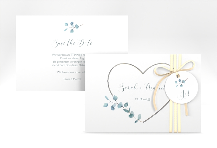 Save the Date-Karte Greenheart A6 Karte quer gold silber mit elegantem Herz und Eukalyptus-Zweig