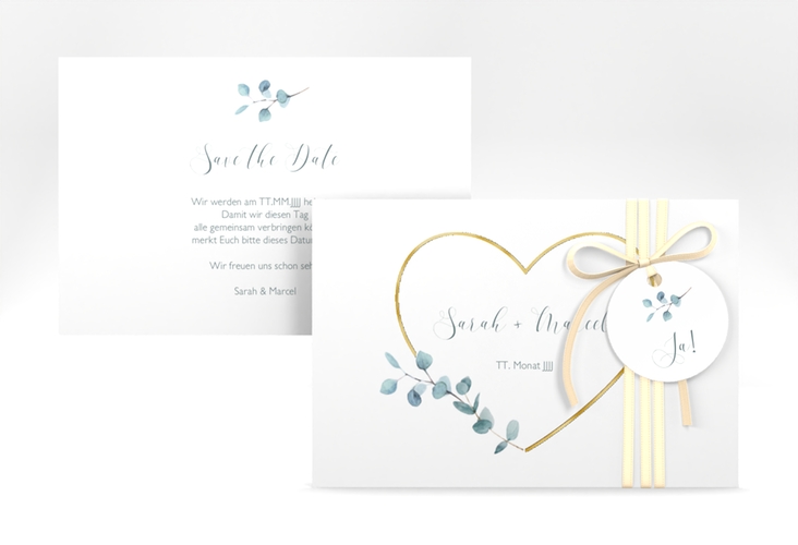 Save the Date-Karte Greenheart A6 Karte quer gold gold mit elegantem Herz und Eukalyptus-Zweig