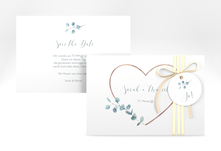 Save the Date-Karte Greenheart A6 Karte quer gold rosegold mit elegantem Herz und Eukalyptus-Zweig