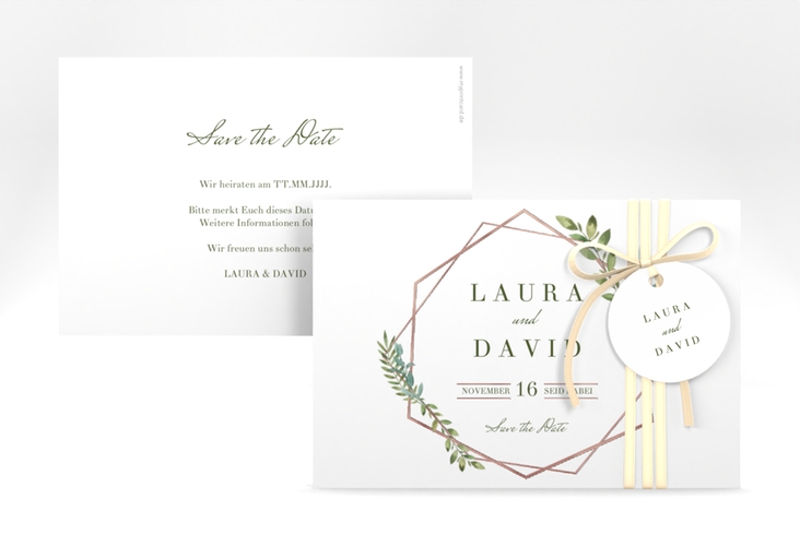 Save the Date-Karte Herbarium A6 Karte quer rosa rosegold mit geometrischem Rahmen und Blätter-Dekor
