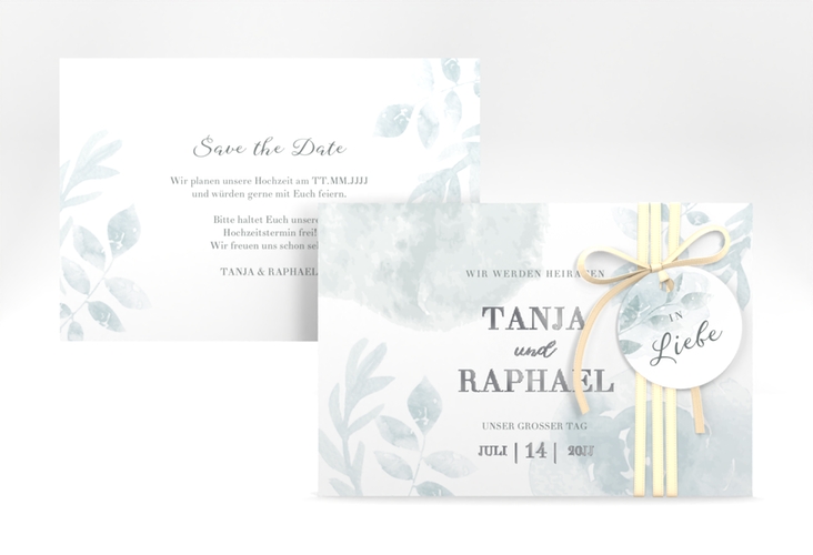 Save the Date-Karte Blätterdruck A6 Karte quer mint silber