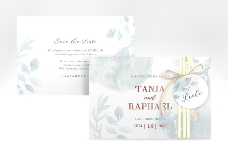 Save the Date-Karte Blätterdruck A6 Karte quer mint rosegold