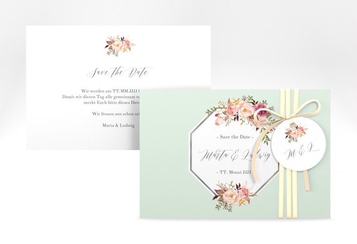 Save the Date-Karte Prachtvoll A6 Karte quer mint silber