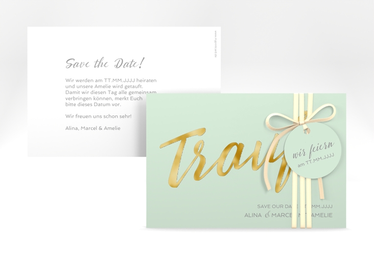Save the Date-Karte Traufe A6 Karte quer mint gold