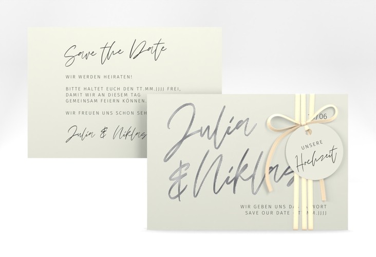 Save the Date-Karte Einfachheit A6 Karte quer mint silber mit modernem Schriftzug