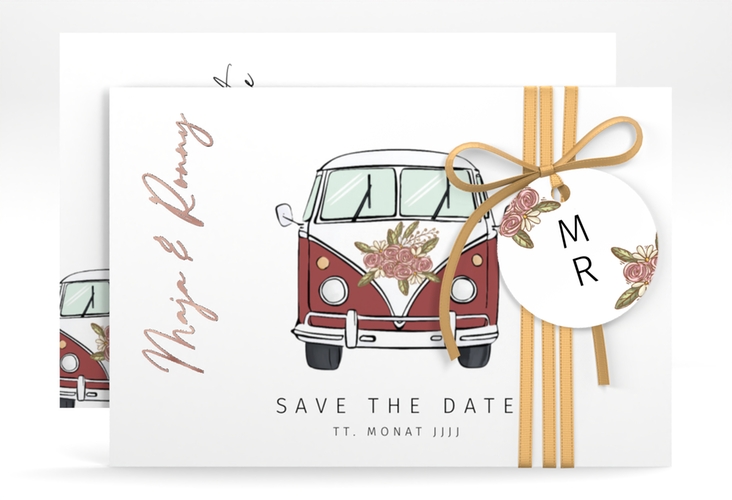Save the Date-Karte Hochzeitsbulli A6 Karte quer rot rosegold
