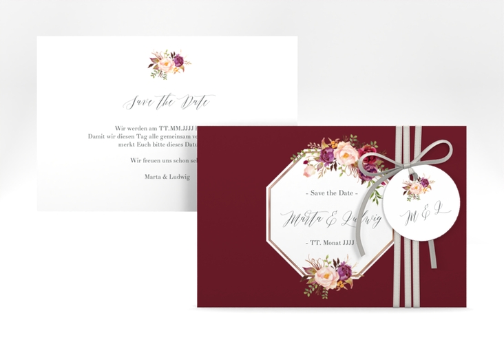 Save the Date-Karte Prachtvoll A6 Karte quer rot rosegold