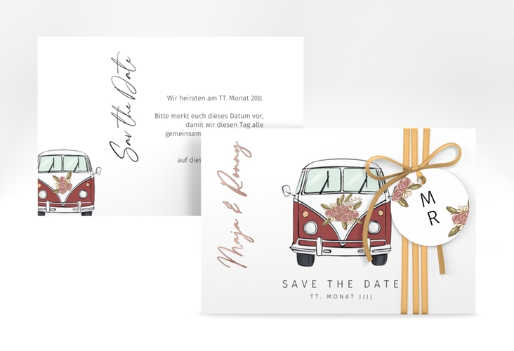 Save the Date-Karte Hochzeitsbulli A6 Karte quer rot rosegold