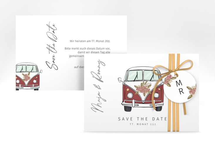 Save the Date-Karte Hochzeitsbulli A6 Karte quer rot silber