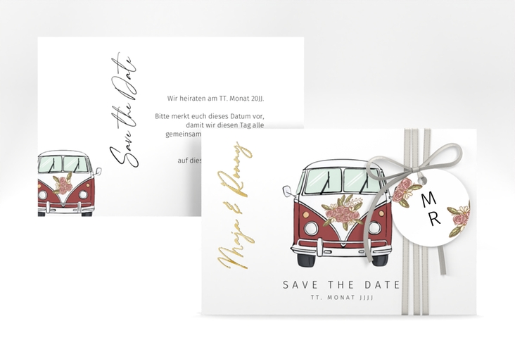 Save the Date-Karte Hochzeitsbulli A6 Karte quer rot gold