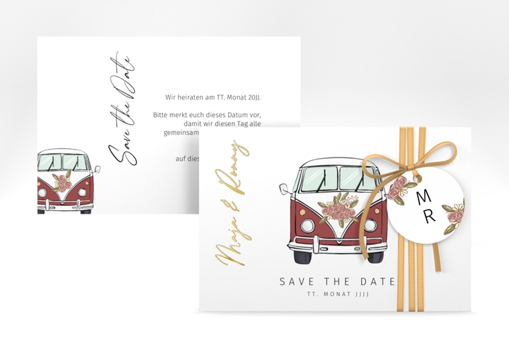 Save the Date-Karte Hochzeitsbulli A6 Karte quer rot gold