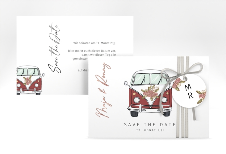 Save the Date-Karte Hochzeitsbulli A6 Karte quer rot rosegold