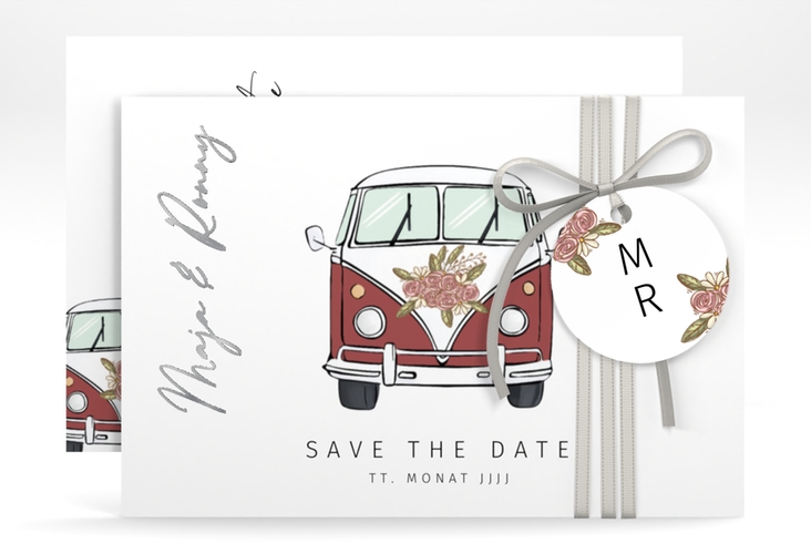 Save the Date-Karte Hochzeitsbulli A6 Karte quer rot silber