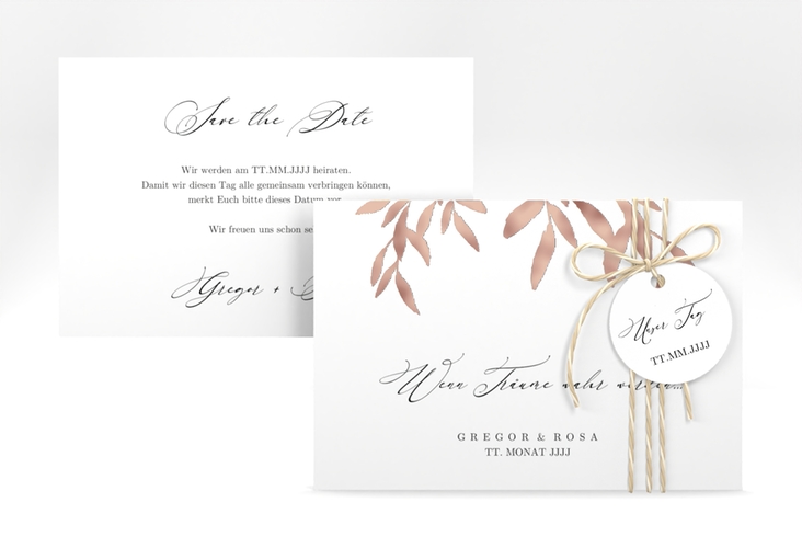 Save the Date-Karte Demure A6 Karte quer weiss rosegold