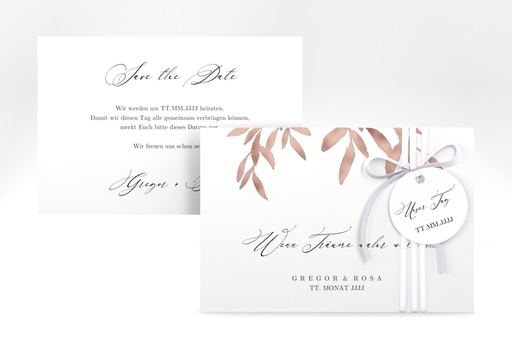 Save the Date-Karte Demure A6 Karte quer weiss rosegold