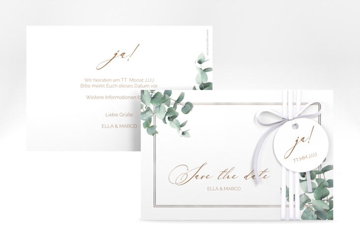 Save the Date-Karte Eucalypt A6 Karte quer weiss silber mit Eukalyptus und edlem Rahmen