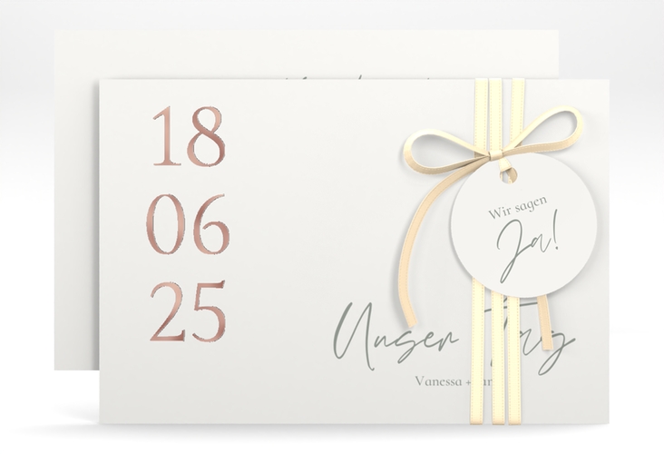 Save the Date-Karte Day A6 Karte quer weiss rosegold mit Datum im minimalistischen Design