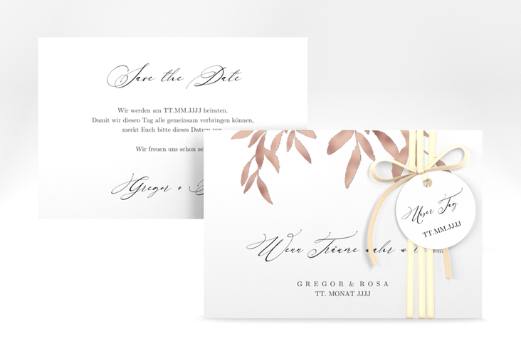 Save the Date-Karte Demure A6 Karte quer weiss rosegold
