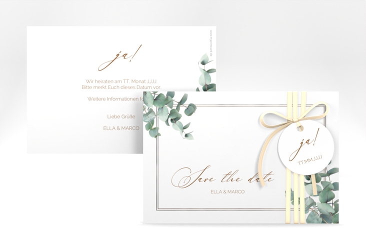 Save the Date-Karte Eucalypt A6 Karte quer weiss silber mit Eukalyptus und edlem Rahmen