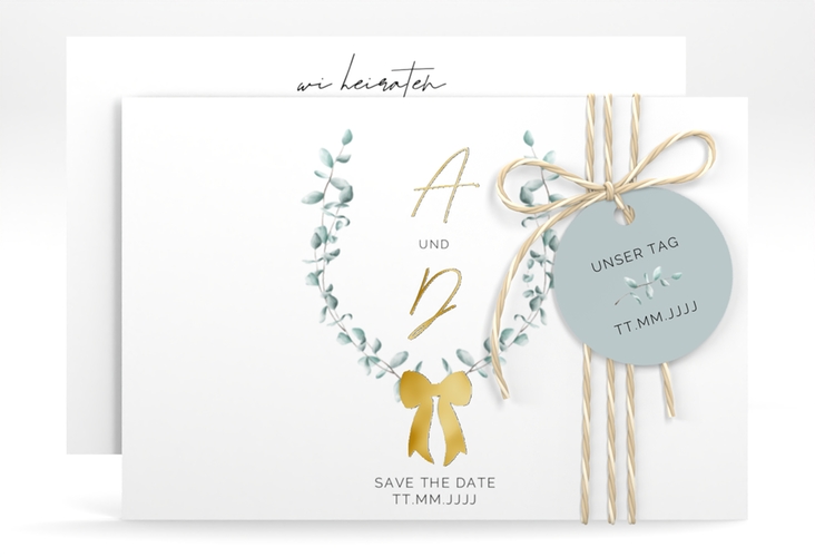 Save the Date-Karte Eucalypt Bow A6 Karte quer gruen gold