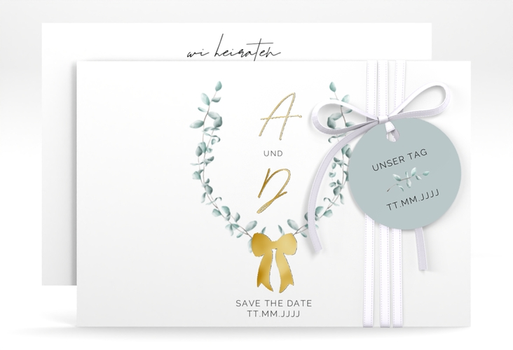 Save the Date-Karte Eucalypt Bow A6 Karte quer gruen gold