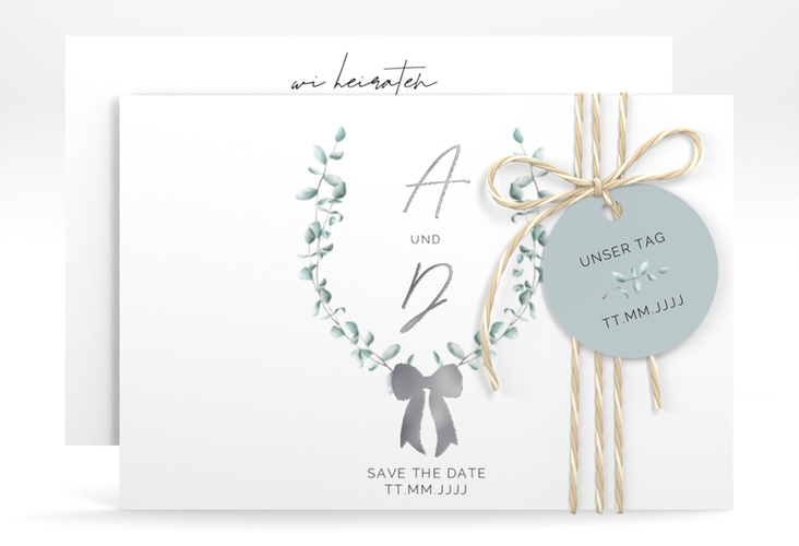 Save the Date-Karte Eucalypt Bow A6 Karte quer gruen silber