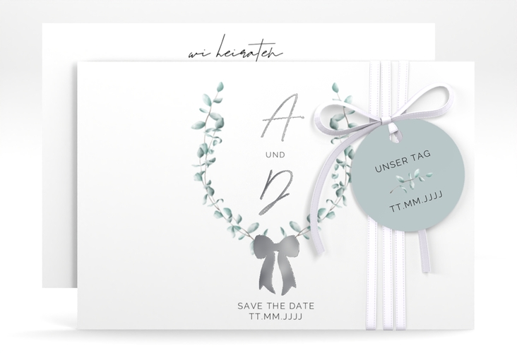 Save the Date-Karte Eucalypt Bow A6 Karte quer gruen silber