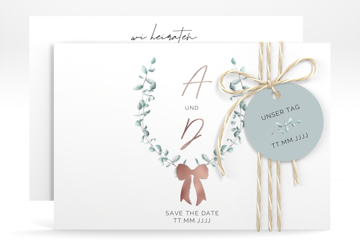 Save the Date-Karte Eucalypt Bow A6 Karte quer gruen rosegold