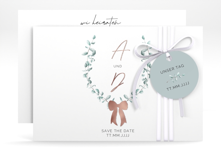 Save the Date-Karte Eucalypt Bow A6 Karte quer gruen rosegold