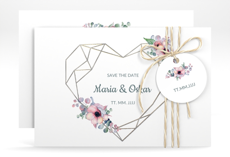 Save the Date-Karte Herzgold A6 Karte quer weiss silber