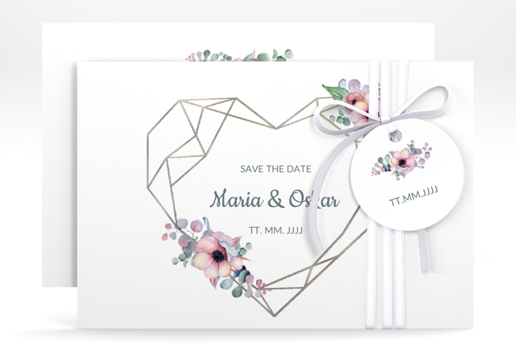 Save the Date-Karte Herzgold A6 Karte quer weiss silber