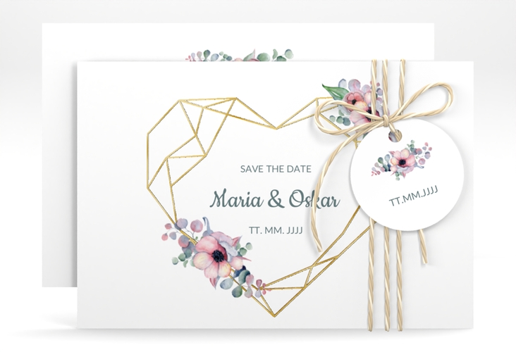 Save the Date-Karte Herzgold A6 Karte quer weiss gold
