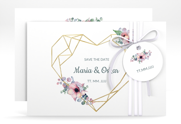 Save the Date-Karte Herzgold A6 Karte quer weiss gold