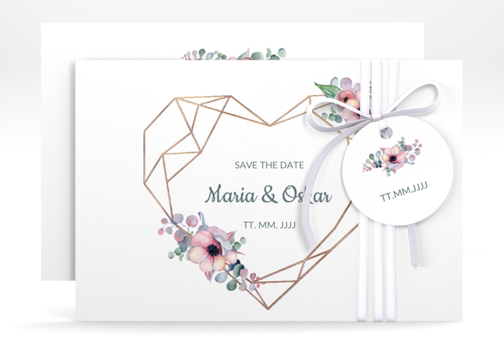 Save the Date-Karte Herzgold A6 Karte quer weiss rosegold