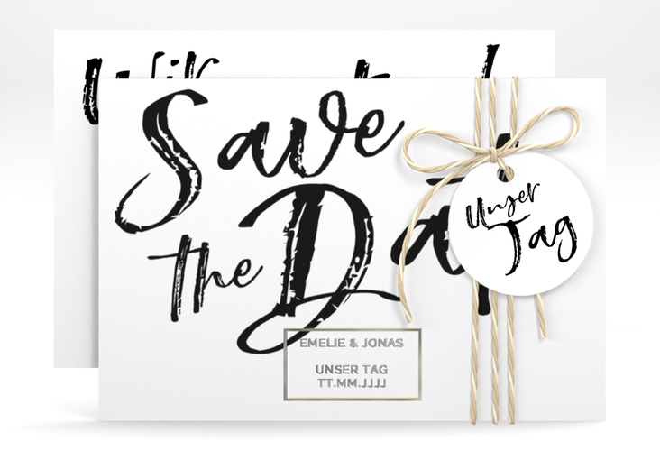 Save the Date-Karte Words A6 Karte quer weiss silber
