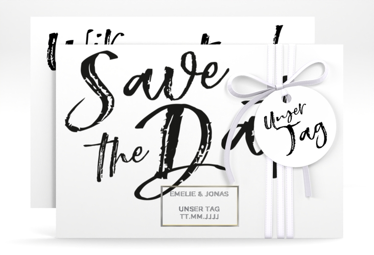 Save the Date-Karte Words A6 Karte quer weiss silber
