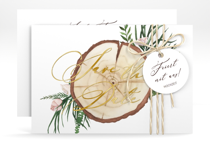 Save the Date-Karte Woodland A6 Karte quer weiss gold