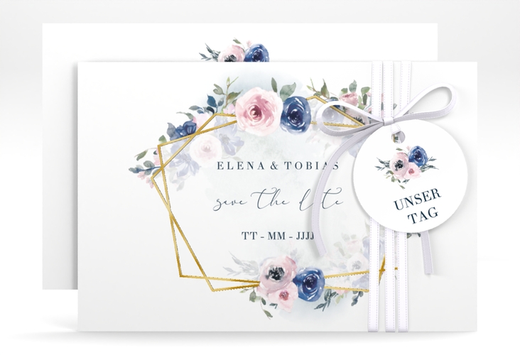 Save the Date-Karte Dustyblue A6 Karte quer weiss gold