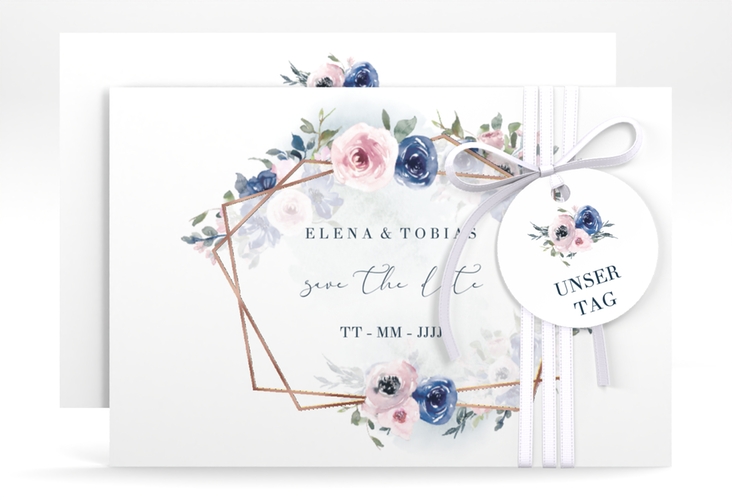 Save the Date-Karte Dustyblue A6 Karte quer weiss rosegold