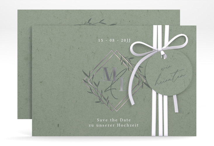 Save the Date-Karte Greenletter A6 Karte quer gruen silber mit Initialen in elegantem Goldrahmen mit Blättern