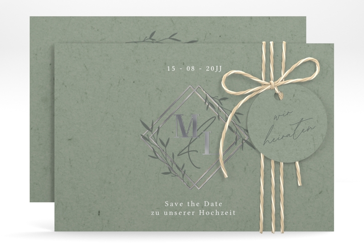 Save the Date-Karte Greenletter A6 Karte quer gruen silber mit Initialen in elegantem Goldrahmen mit Blättern