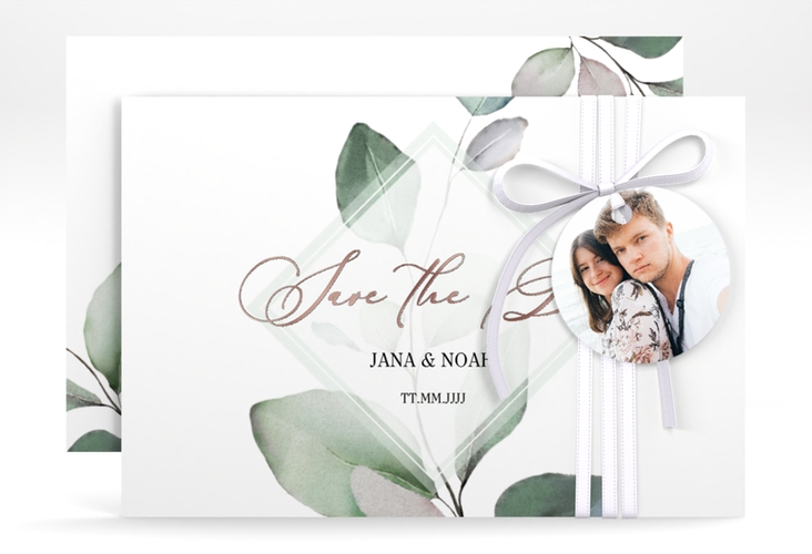 Save the Date-Karte Foglia A6 Karte quer weiss rosegold edel mit Eukalyptus im Aquarell-Design