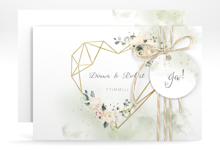 Save the Date-Karte Adore A6 Karte quer gruen gold mit geometrischem Herz und Rosen in Aquarell