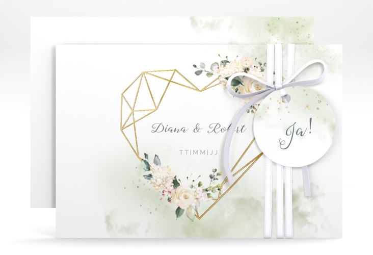Save the Date-Karte Adore A6 Karte quer gruen gold mit geometrischem Herz und Rosen in Aquarell