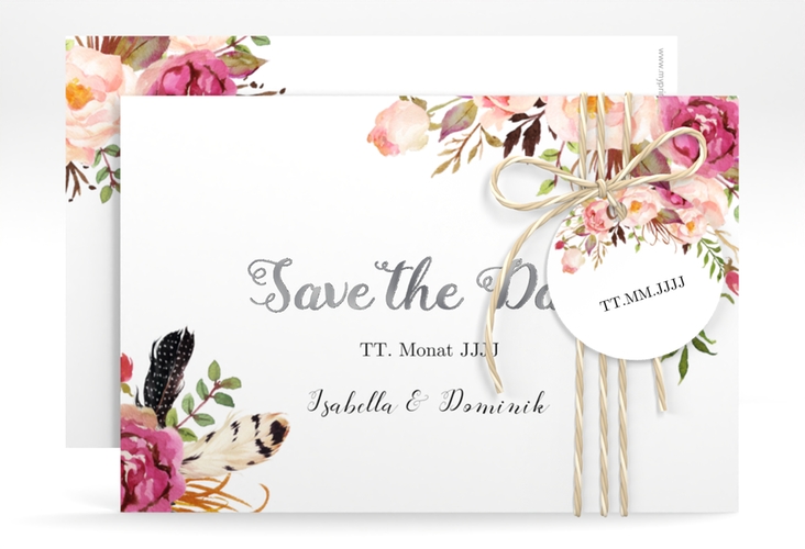 Save the Date-Karte Flowers A6 Karte quer weiss silber mit bunten Aquarell-Blumen