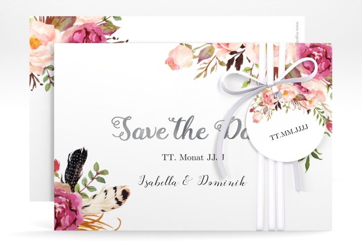 Save the Date-Karte Flowers A6 Karte quer weiss silber mit bunten Aquarell-Blumen