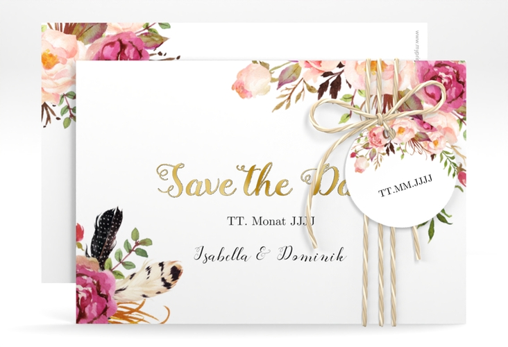 Save the Date-Karte Flowers A6 Karte quer weiss gold mit bunten Aquarell-Blumen