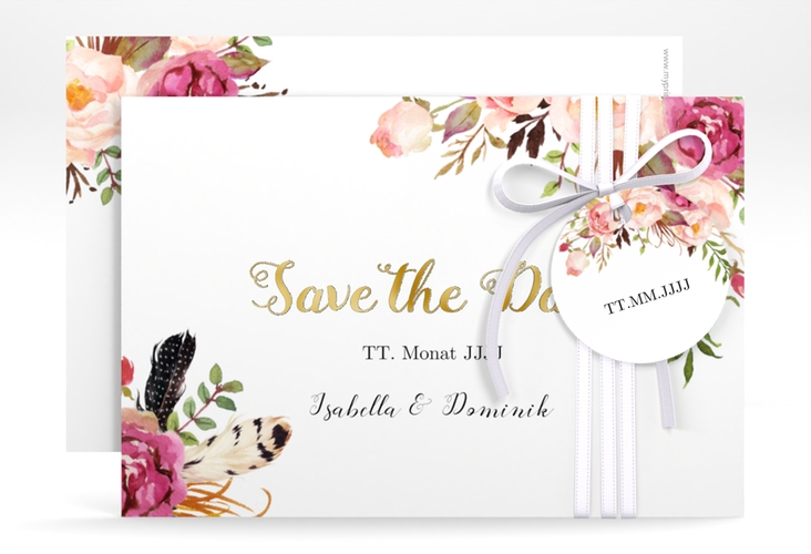 Save the Date-Karte Flowers A6 Karte quer weiss gold mit bunten Aquarell-Blumen