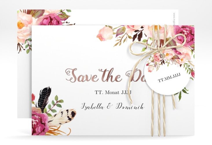 Save the Date-Karte Flowers A6 Karte quer weiss rosegold mit bunten Aquarell-Blumen